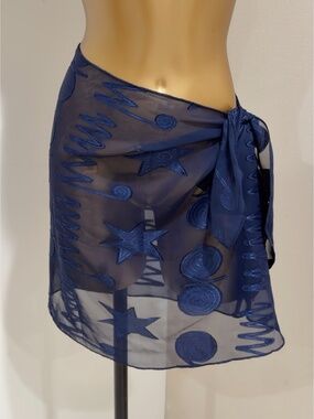 Sand Dollars Vintage Y2K Sheer Navy Sarong Pareo Beach Cover-Up Skirt Size M